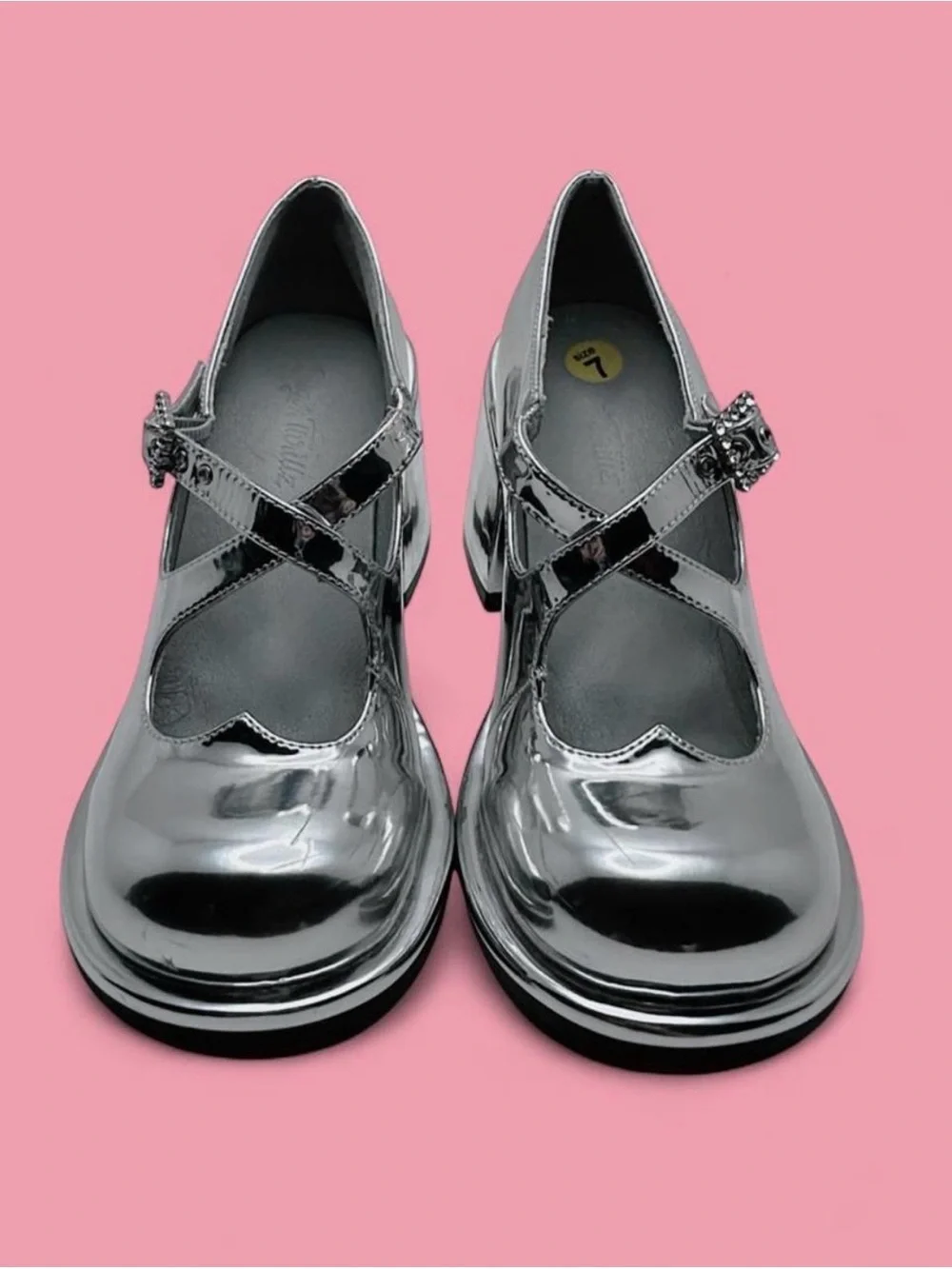 Dolls Kill Sugar Thrillz Metallic Silver Mary Janes Platforms Vegan Leather US 7